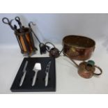 Selection of copper wares inc planter with lion mask handles & paw supports 29cm long, 14cm high,