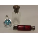 Silver topped glass vanity jar, a ruby glass double ended scent bottle, needing attention,