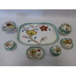 Noritake seven piece lustre dressing table set with under-tray all decorated with brightly coloured