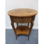 A French style fruitwood oval occasional table with inlaid Oriental figural scene to top and inlaid