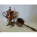 Copper and brass twin handled Samovar together with a hammered copper pan with pouring lip and