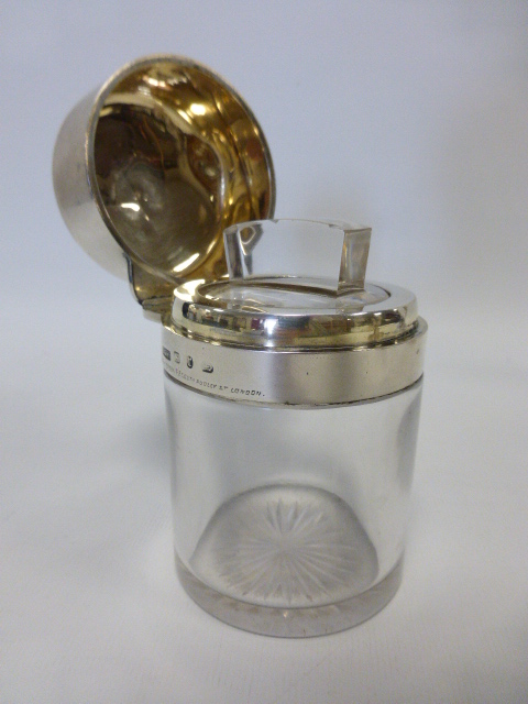 Victorian silver mounted glass dressing table jar with gilt lined hinged lid and internal glass