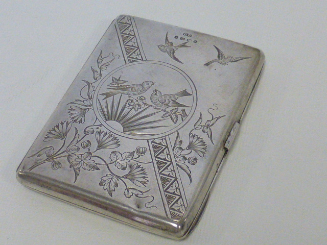 George Unite Victorian silver card case engraved to the front with songbirds at dawn,