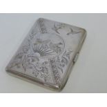 George Unite Victorian silver card case engraved to the front with songbirds at dawn,
