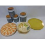 Large ceramic covered flan dish decorated with apricots, a lazy Susan board in the form