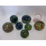 Eight glass paperweights including three Kerry Glass, one Mdina,