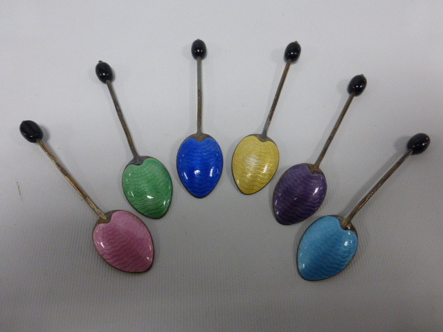 An Art Deco cased set of six silver and guilloche enamel coffee bean teaspoons, - Image 2 of 2