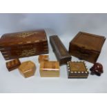 Collection of decorative wooden boxes inc domed jewellery casket with key, (9 pieces in total).