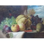 JAMES POULTON - 19th Century still life of fruit etc on a cloth upon an item of furniture,