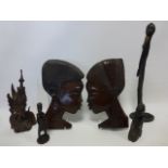 Collection of five African & other carved wooden items, and tall ceramic figure of an African woman.
