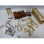 Collection of silver and costume jewellery including a silver 4-bar gate bracelet and a wooden box