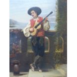 G K MARGIOTTA? - oil on canvas man playing a guitar on a lakeside balcony, signed lower right,