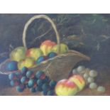 19th Century oil on board still life fruit in wicker basket and foliage, unsigned, 27 x 34.