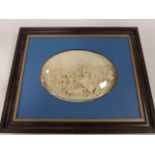 Pair of good oval plaster plaques in deep relief depicting extensive battle scene and a medieval