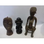 African Tribal Art - three carved pieces of two fertility figures (tallest 39cm high) and a bust