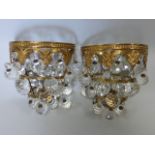 Pair of gilt framed mirrored back crystal drop light fittings, approximately 18cms in height.