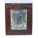 HARRIOT TORLESSE - watercolour 'New Forest' in frame with carved dragons to borders,