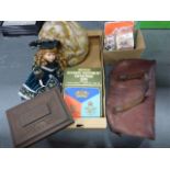 Assorted items inc leather bag, Huntley & Palmers sarcophagus casket,