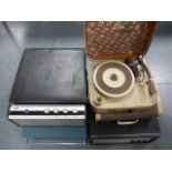 A Collection of five vintage portable record players including Bush (BSR), Pye (Viking), ITT (kb),
