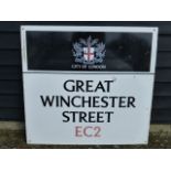 Enamelled City of London 'Great Winchester Street EC2 sign, 79x75cms.