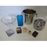 Silver plated twin handled ice bucket, biscuit barrel, cigarette case with Art Deco decoration,