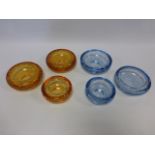 Six Whitefriars bubble dishes (3 amber, 3 blue).