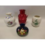 Cranberry glass jug, Moorcroft squat Columbine pattern vase,