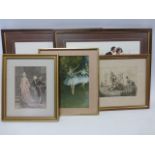 Group of five framed & glazed assorted prints inc pair showing man and woman on and by a snooker