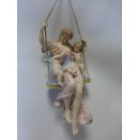 A 19th Century Continental Bisque figure of a lady with cherubs on swing, signer R.