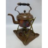 Arts & Crafts hammered copper and brass spirit kettle, stamped with makers mark.