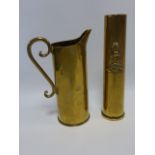 Trench Art - shell case vase 25cm high for Royal Artillery, and jug 22cm high with scrolled handle.