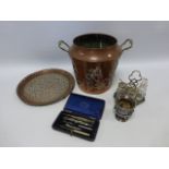 Art Nouveau copper plant holder with twin brass handles 20cm high, copper circular tray,