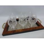 Set of six Royal Doulton cut crystal Brandy glasses and a decorative twin handled tray.