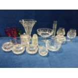 Waterford Crystal pedestal bowl, Stuart Crystal 20cm flared rim vase, tube vase and covered pot,