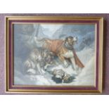 BAXTER print - St Bernard dogs in the snow rescuing a traveller, framed & glazed 43 x 57cm.