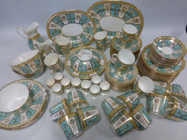 Extensive collection of 19th Century dinner and tea wares in turquoise and white with gilt