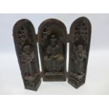 Chinese triptych of three deities, 21.5cm high.