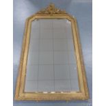 Large 19th century giltwood and gesso overmantle mirror with scrolled floral pediment and laurel