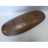 An unusual large oval shaped copper warming pan with twin handles to top, 67.5cm long.