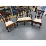 Child's / Dolls carved mahogany framed three piece salon suite with upholstered seats,