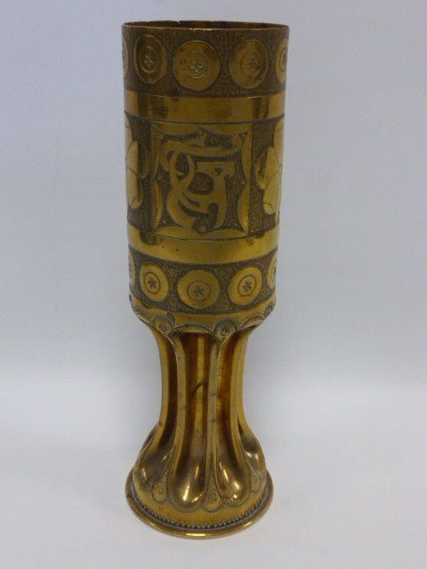 Trench Art - shell case vase 26.5cm high with Art Nouveau decoration.
