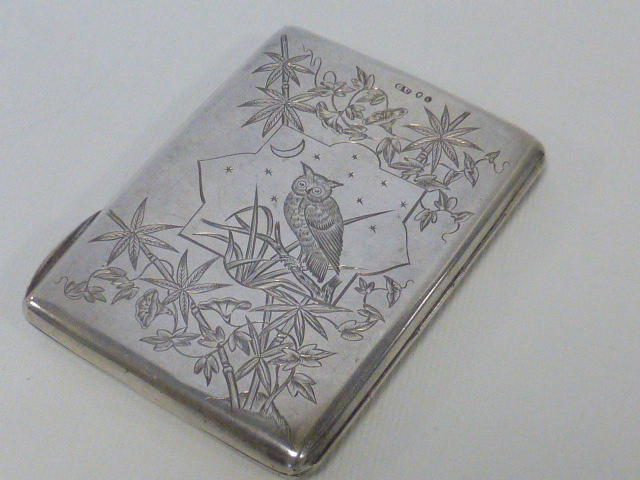 George Unite Victorian silver card case engraved to the front with songbirds at dawn, - Image 2 of 4