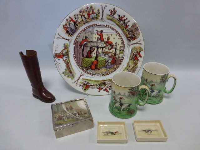 Two 1930's Royal Doulton pin dishes/trays showing Foxhounds, two ale mugs with huntsman & dogs,