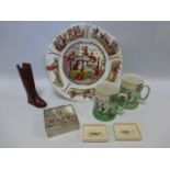 Two 1930's Royal Doulton pin dishes/trays showing Foxhounds, two ale mugs with huntsman & dogs,