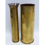 Trench Art - two shell case vases one with etched image of a woman marked Souvenir from France,