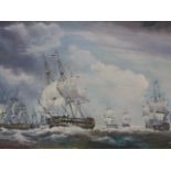 JOHN CADDON - oil on board of a fleet of 18thC Dutch galleons, framed 48 x 75cm.