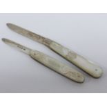 Two silver bladed fruit knives mother of pearl handles, hallmarked Sheffield 1896 and 1905.