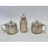 Asprey Art Deco silver three piece cruet set hallmarked Birmingham 1937, with frosted glass liners,