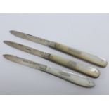 Three silver bladed fruit knives mother of pearl handles,