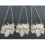 Victorian George Unite Silver vine leaf shaped Whiskey, Brandy and Liqueur decanter labels,